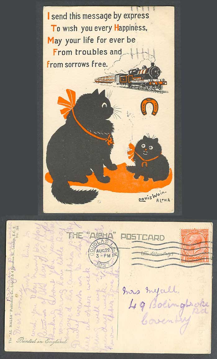 Louis Wain Artist Signed, Black Cats, Express Locomotive Train 1927 Old Postcard