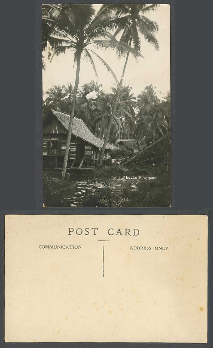 Singapore Old Real Photo Postcard Malay House, Palm Trees, Boys Bathing in River