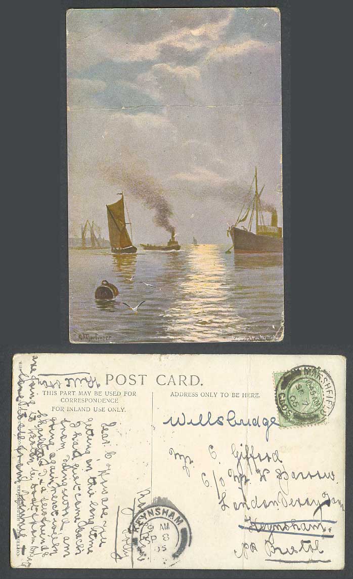 Mortimer Artist Signed 1905 Old Postcard Sailing Boat Steam Ship Steamer Harbour