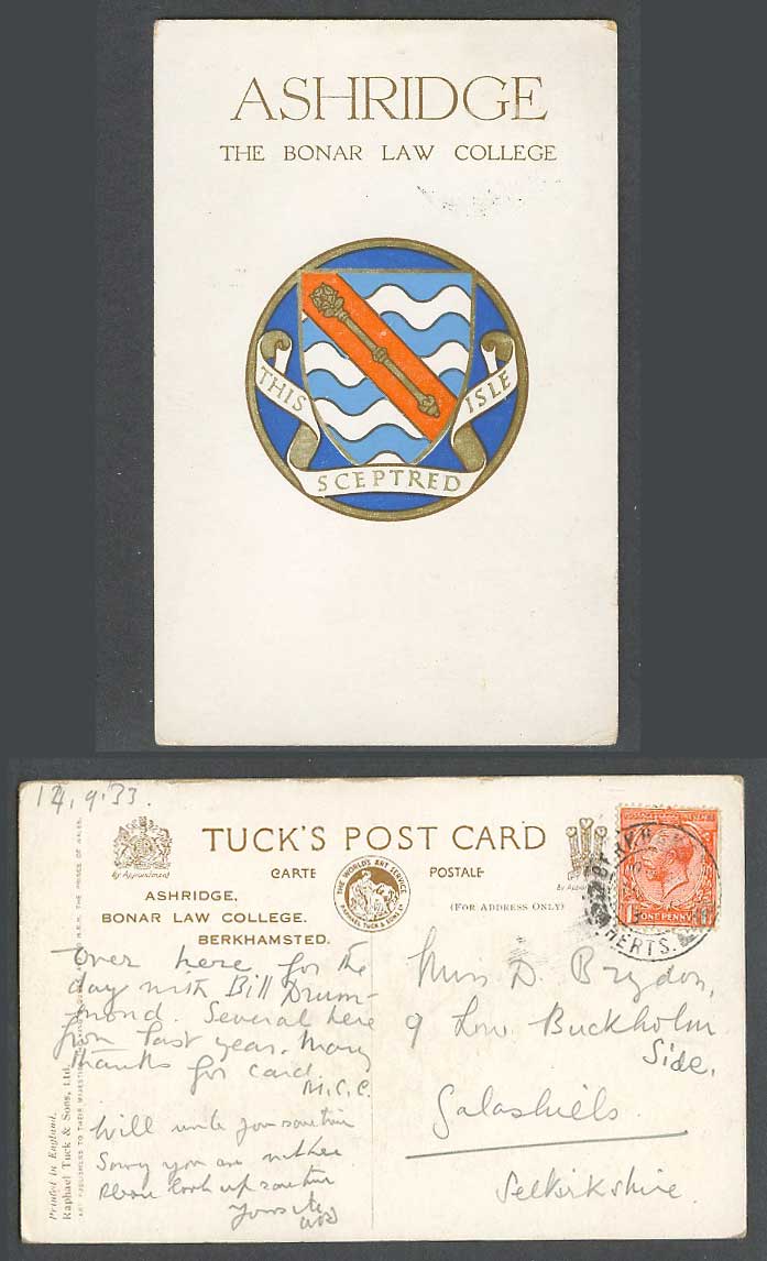 Ashridge The Bonar Law College This Isle Sceptred Coat of Arms 1933 Old Postcard