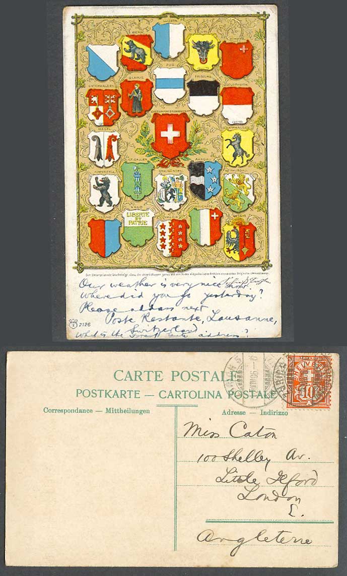 Switzerland Swiss Coat of Arms 1906 Old Postcard Bern, Luzern, Uri, Unterwalden