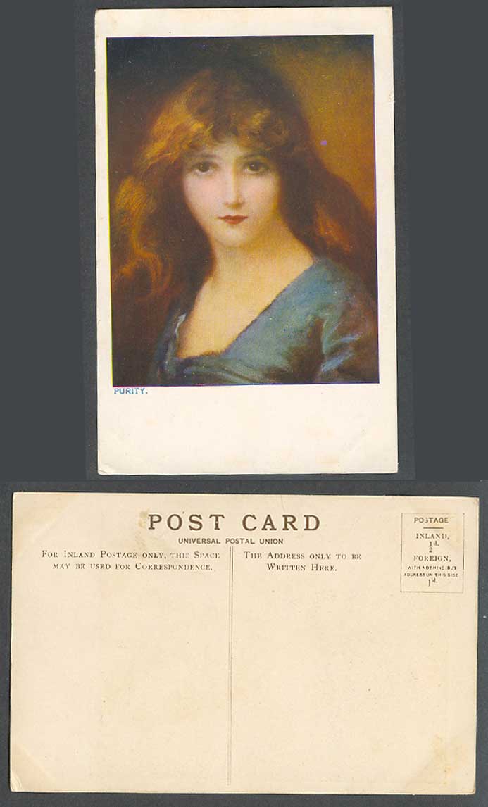 Purity Young Pretty Glamour Woman Girl Lady Art Artist Drawn Old Colour Postcard