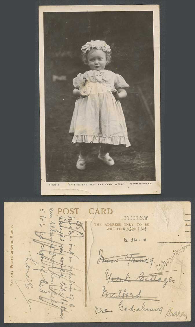 Children Little Girl This is The Way The Cook Walks 1909 Old Real Photo Postcard
