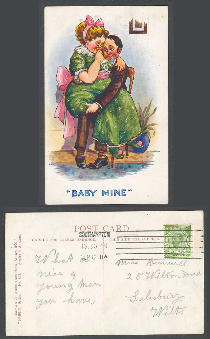 Baby Mine, Man Carrying Fat Woman Lady, Romance, Simple Series 1911 Old Postcard