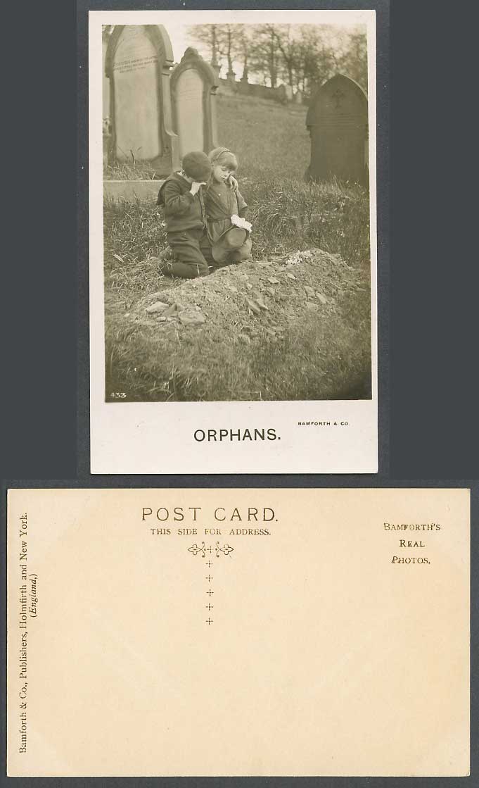Orphans Children Little Orphan Boy Girl Graves Tombstones Cemetery Old Postcard