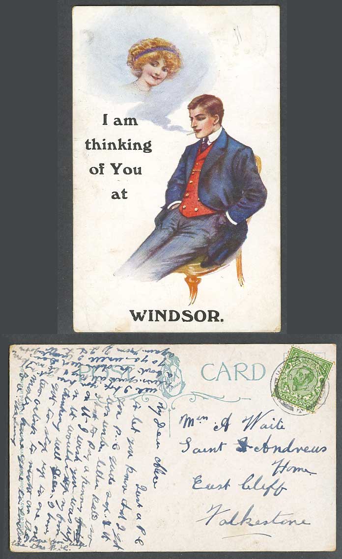 I am Thinking of You at Windsor, Man Smoking Cigarette, Comic 1911 Old Postcard