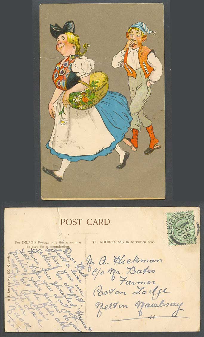Comic, French Man and Woman Traditional Costumes Flower Basket 1906 Old Postcard