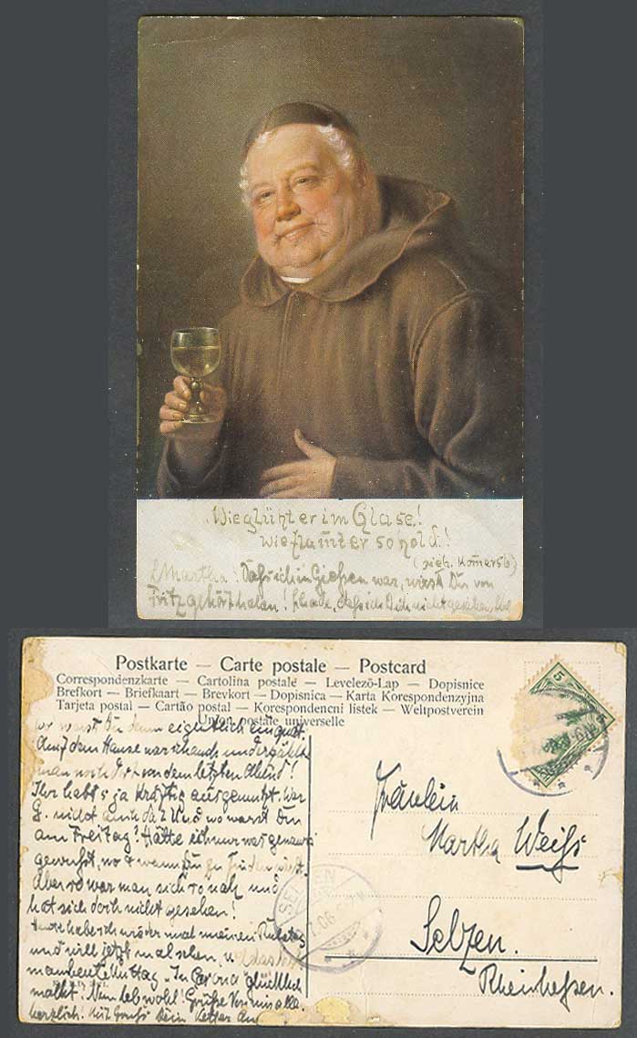 Man Holding a Glass of Wine, Art Artist Drawn Germany German 1906 Old Postcard