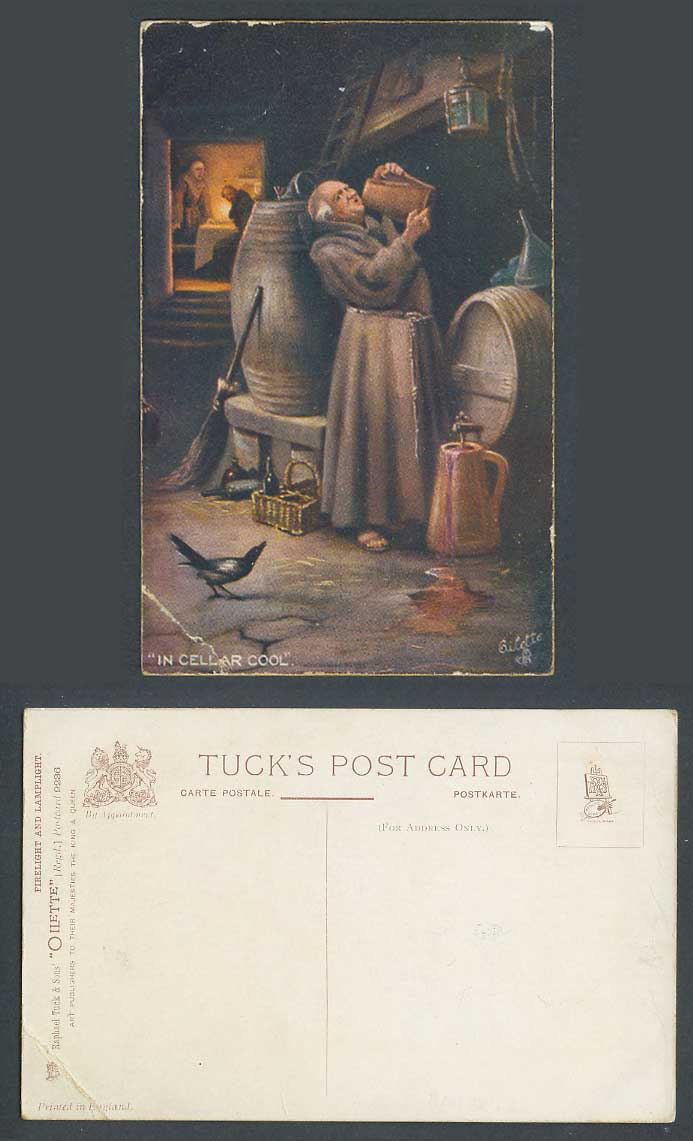 In Cellar Cool, Bird Barrels Tuck's Oilette Firelight and Lamplight Old Postcard