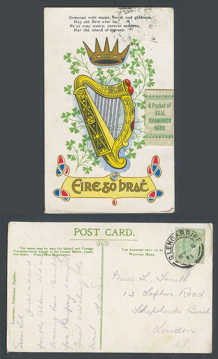 Ireland 1911 Old Postcard Novelty A Packet of Real Shamrock Seed Eire Harp Crown