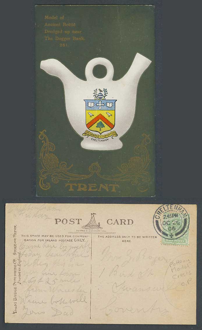 Cheltenham Coat of Arms Trent, Ancient Bottle near Dogger Bank 1906 Old Postcard