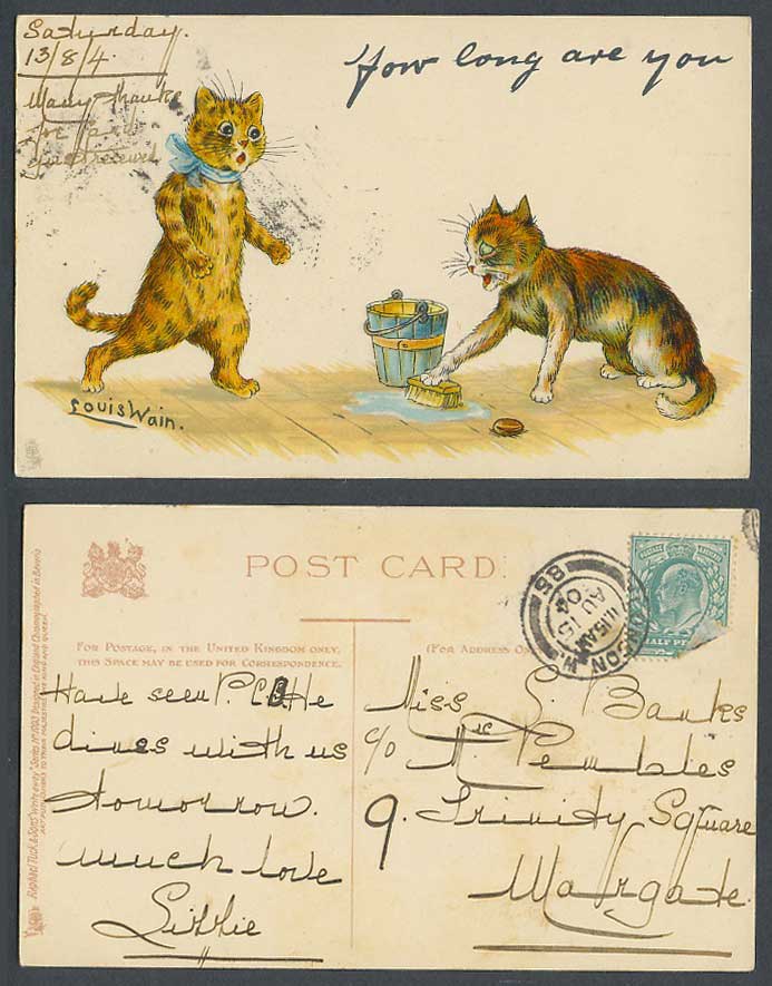 Louis Wain Artist Signed Cats How Long Are You Write Away 1904 Old Tuck Postcard