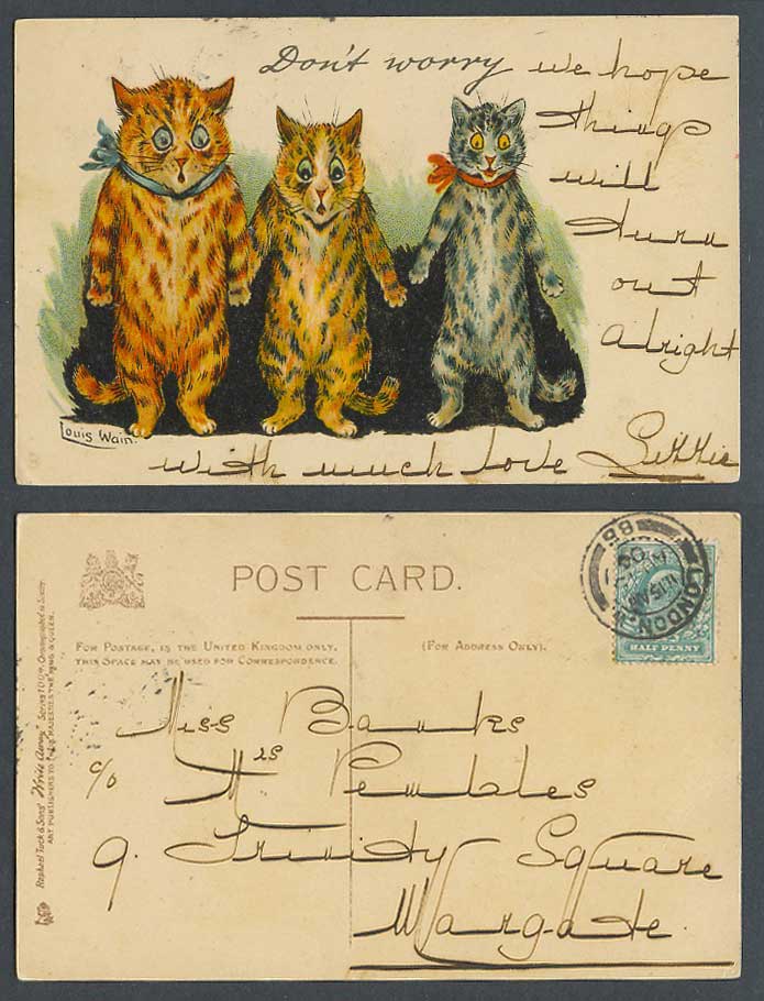 Louis Wain Artist Signed, Cats, Don't Worry, Tuck's Write Away 1904 Old Postcard