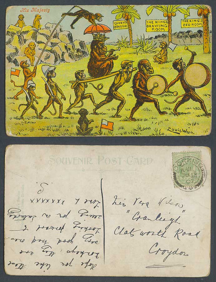 Louis Wain Artist Signed Monkey His Majesty Smoking Band Drums 1907 Old Postcard