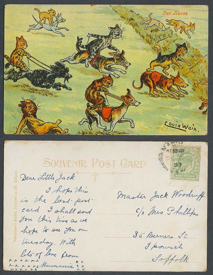 Louis Wain Artist Signed Cats Kitten Our Races Dog Race Poodle 1907 Old Postcard