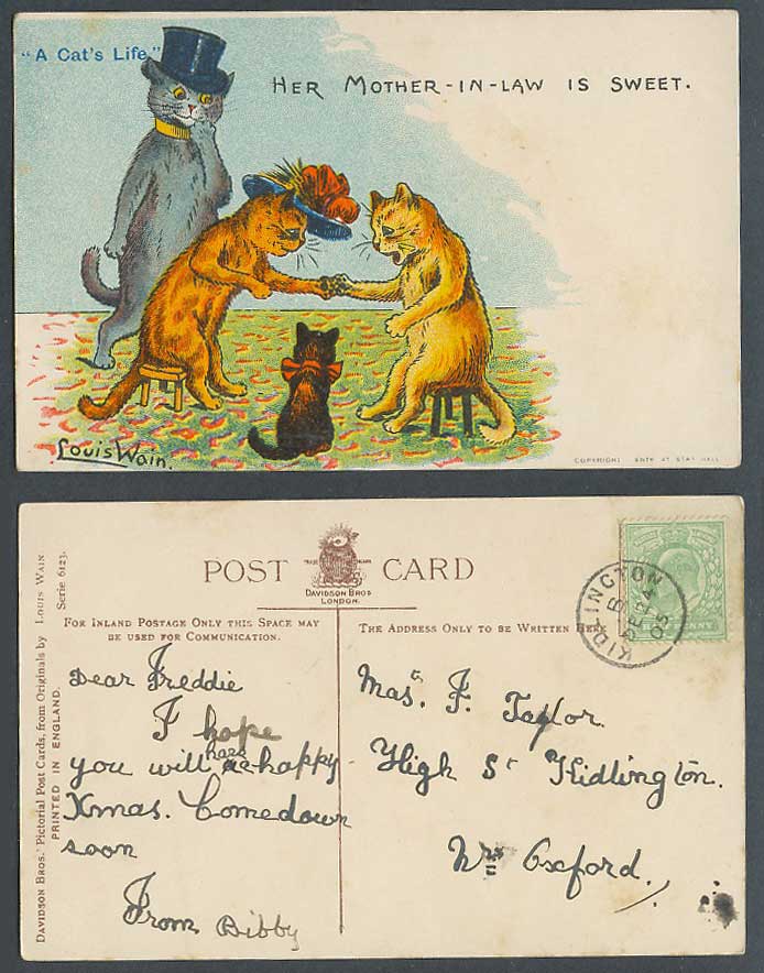 Louis Wain Artist Signed Cat's Life Her Mother-in-Law is Sweet 1905 Old Postcard