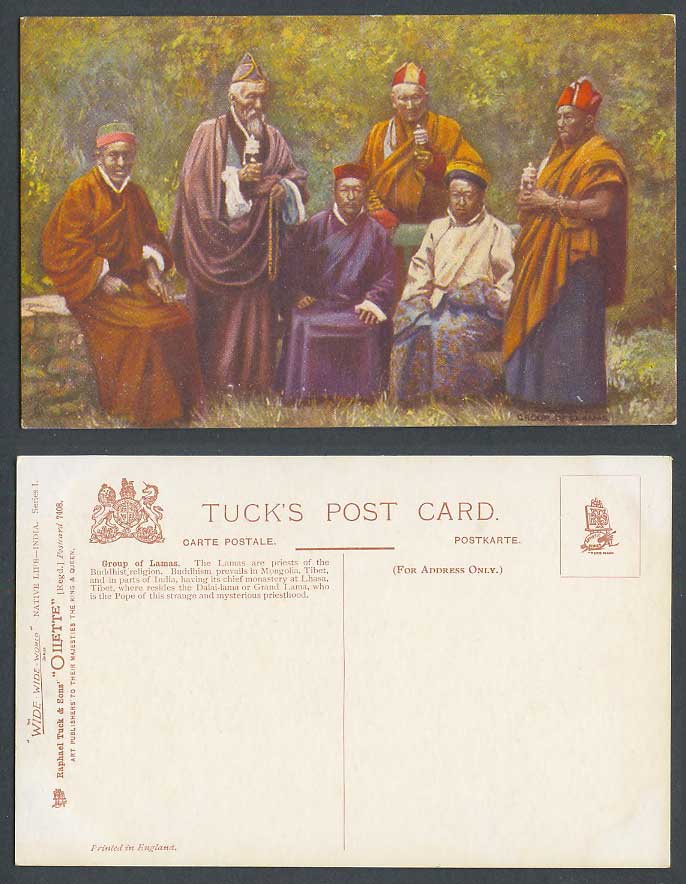 TIBET China Old Tuck's Oilette Postcard Group of Lamas and Tibetan Prayer Wheels