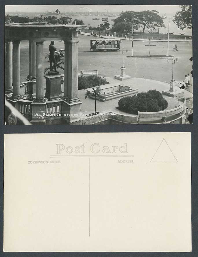 Singapore Old Real Photo Postcard Statue of Stamford Raffles TRAM Harbour Street