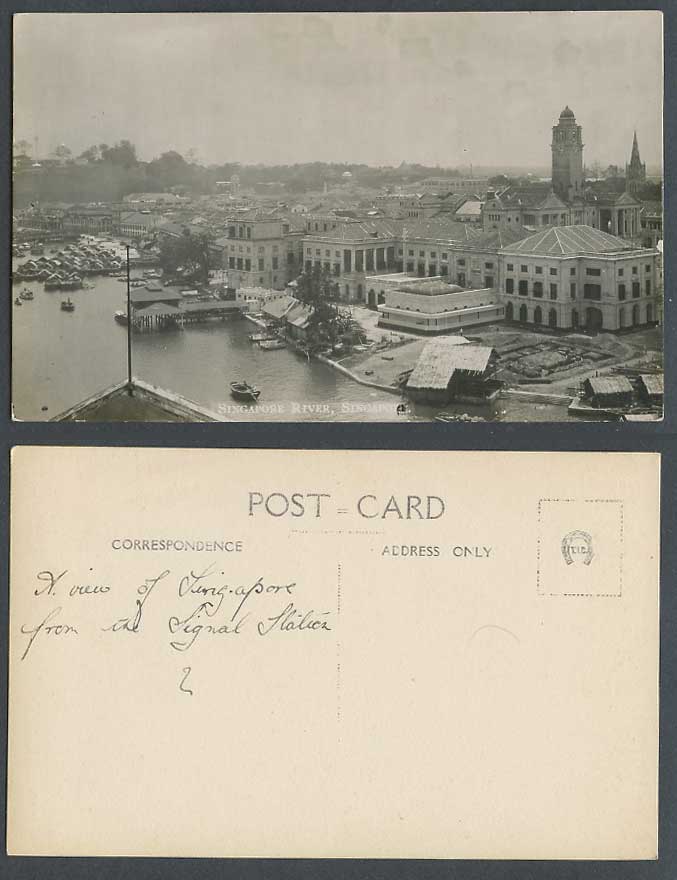 Singapore River Old Real Photo Postcard View from Signal Station Harbour Sampans