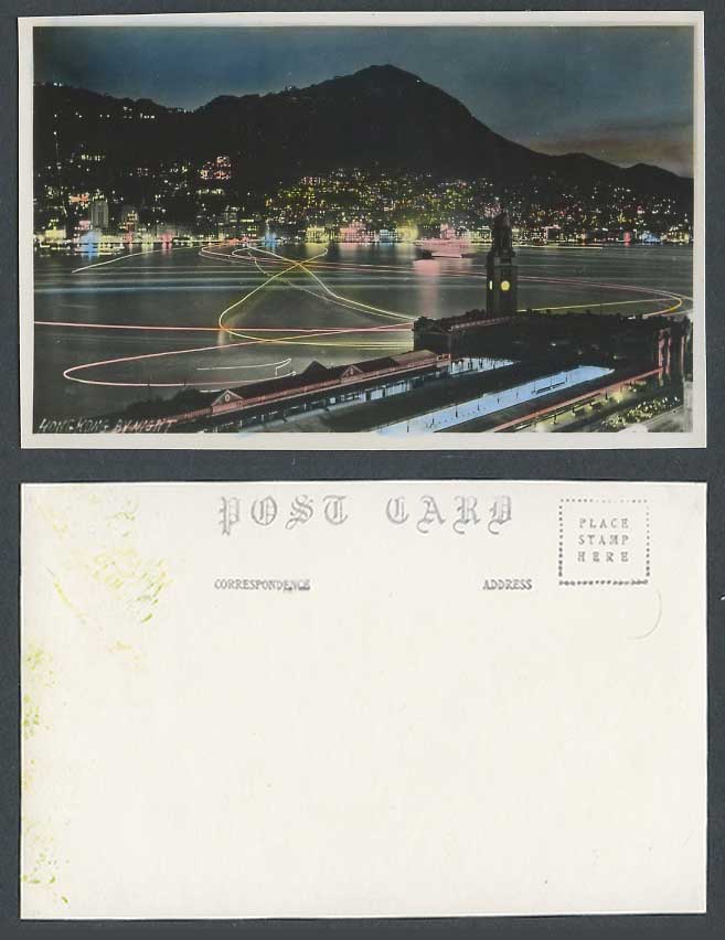 Hong Kong by Night China c.1950 Old Real Photo Hand Tinted Postcard Illumination