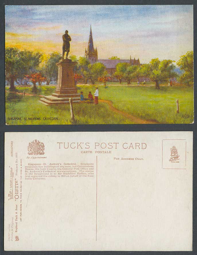 Singapore Old Tuck's Oilette Postcard St. Andrew's Cathedral Sir Raffle's Statue