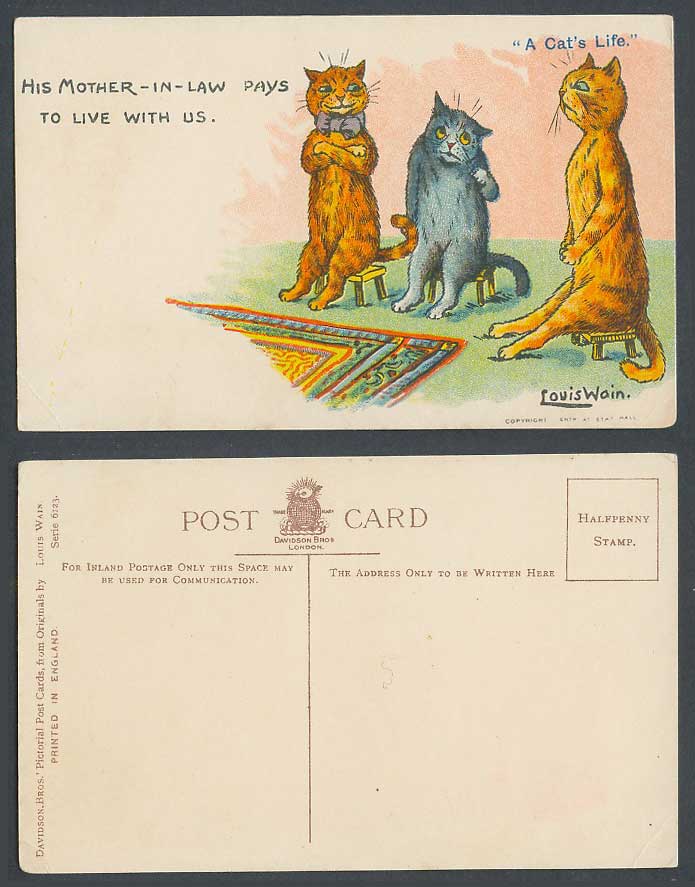 Louis Wain Artist Signed Cat His Mother-in-Law Pays to Live with Us Old Postcard