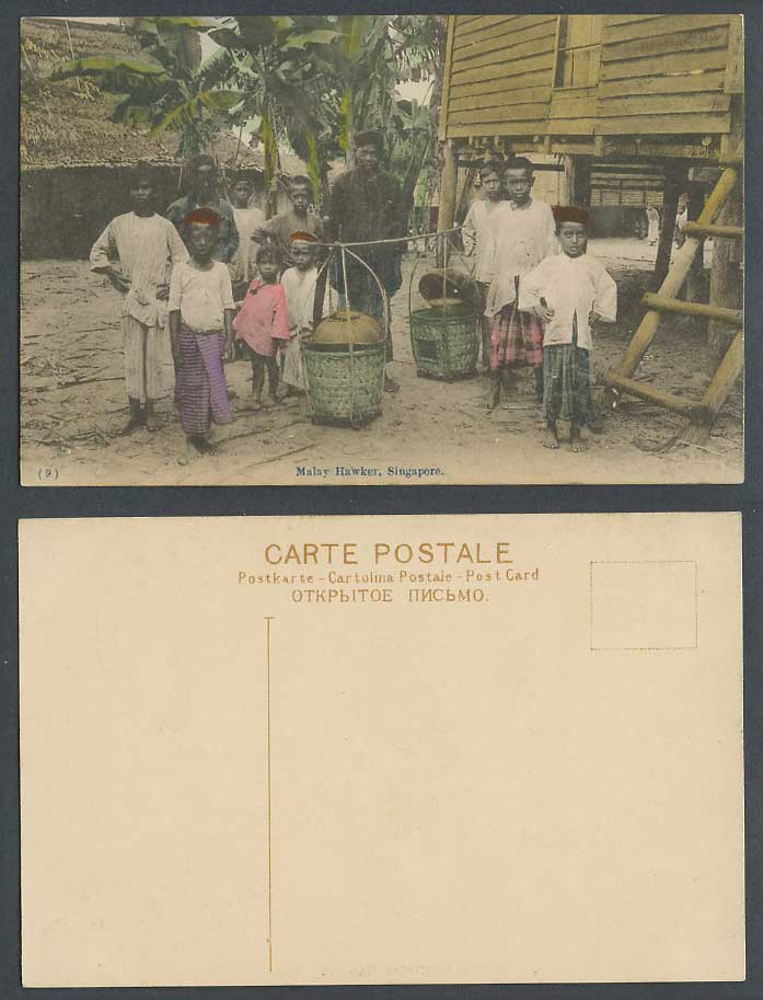 Singapore Old Hand Tinted Postcard Malay Hawker Native Boys Hut House on Stilts