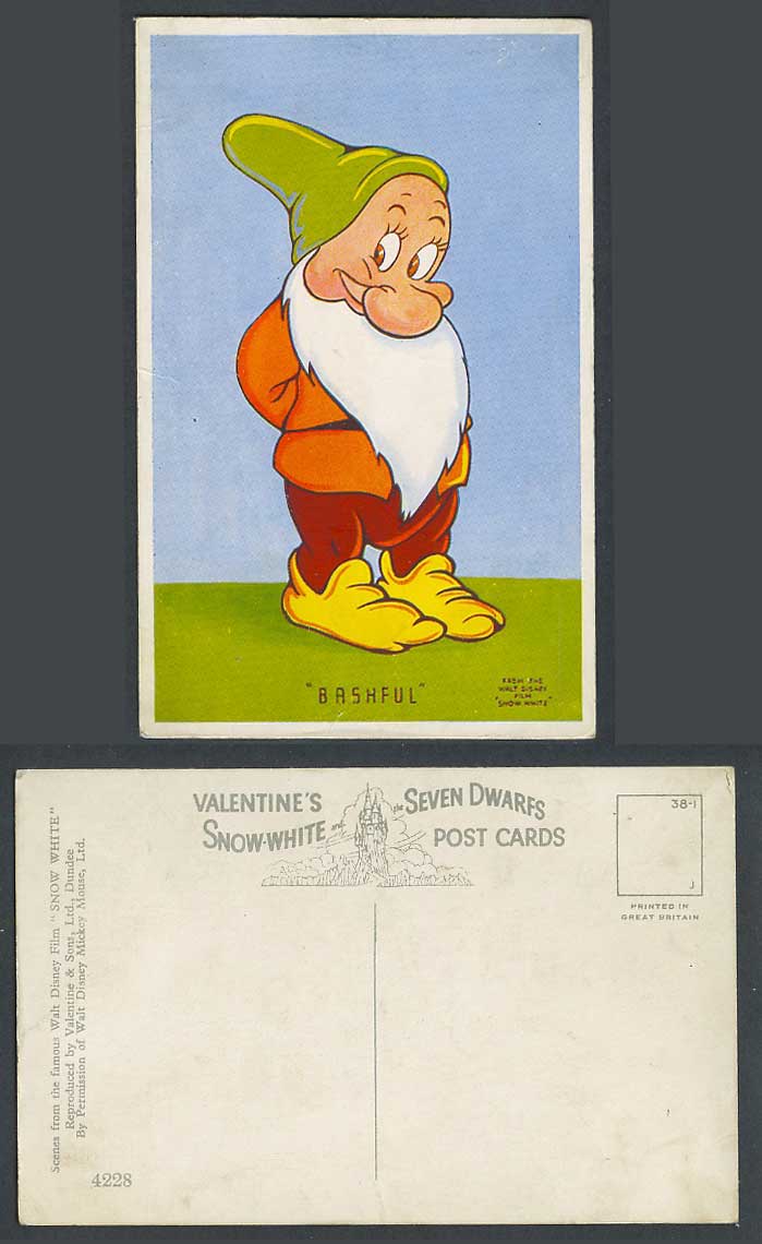 Walt Disney Film 1937 Old Postcard Bashful, Snow White & Seven Dwarfs Comic 4228