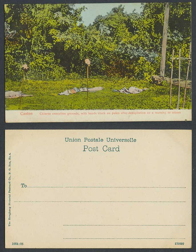 China Canton Old Colour UB Postcard Chinese Execution Grounds and Heads on Poles