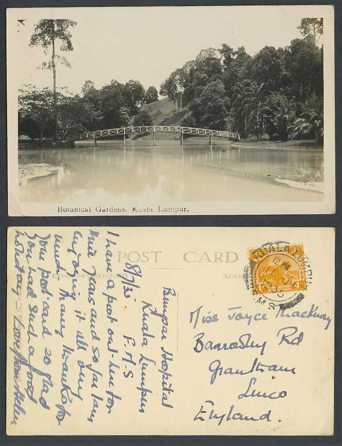 Kuala Lumpur FMS 4c Tiger 1935 Old Real Photo Postcard Botanical Gardens, Bridge