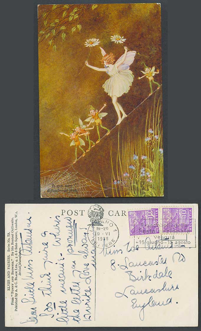 IR OUTHWAITE Swiss 10c 1938 Old Postcard Tightrope Difficult at First, Elf Fairy