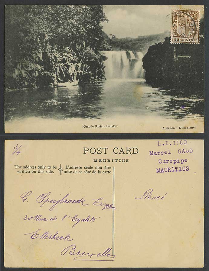 Mauritius 2c 1911 Old Postcard Grande Riviere Sud-Est River Waterfall Boat Canoe