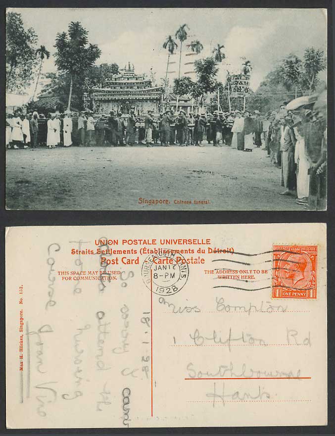 Singapore GB KG5 1d 1928 Old Postcard Chinese Funeral Street Procession, Coolies
