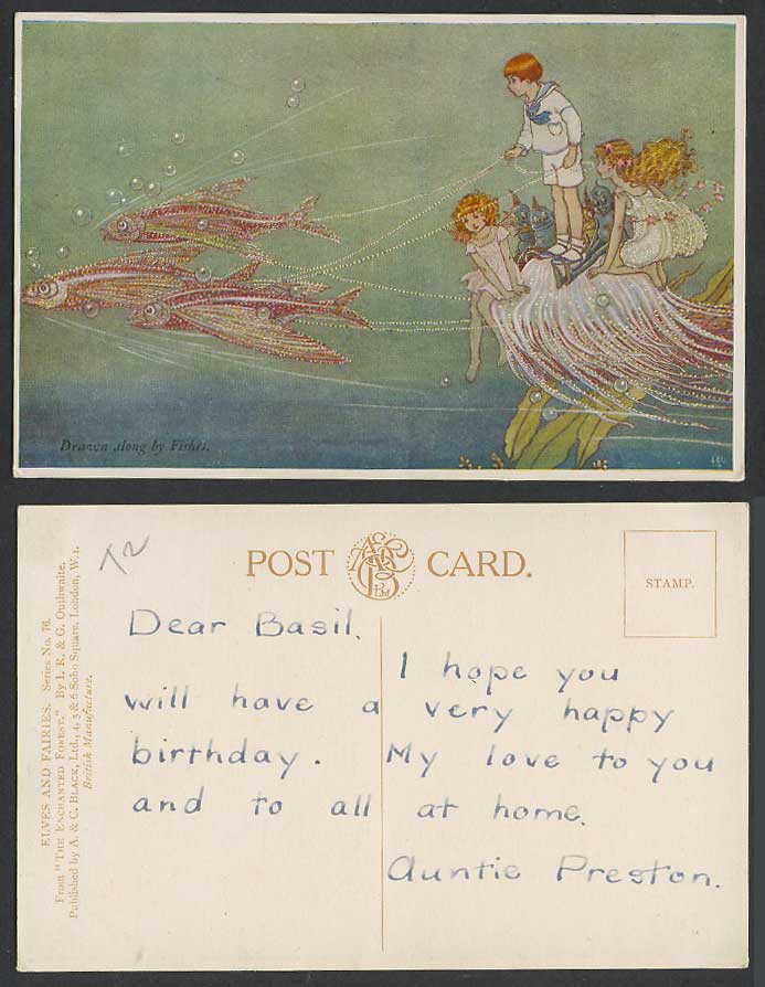 IR &G OUTHWAITE Old Postcard Elves and Fairies Drawn Along By Fishes Flying Fish