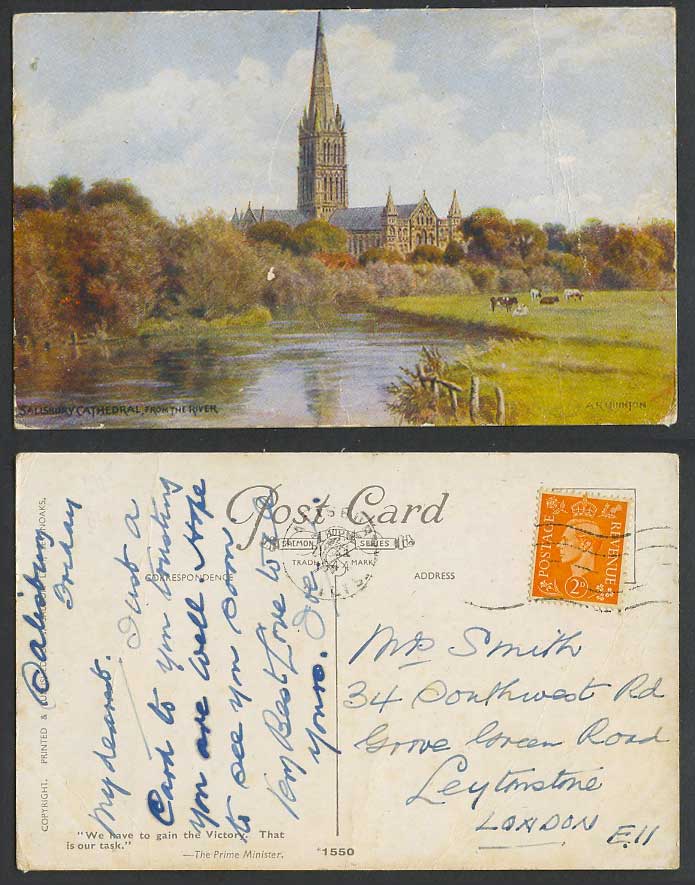 A.R. Quinton 1944 Old Postcard Salisbury Cathedral from The River Wiltshire 1550
