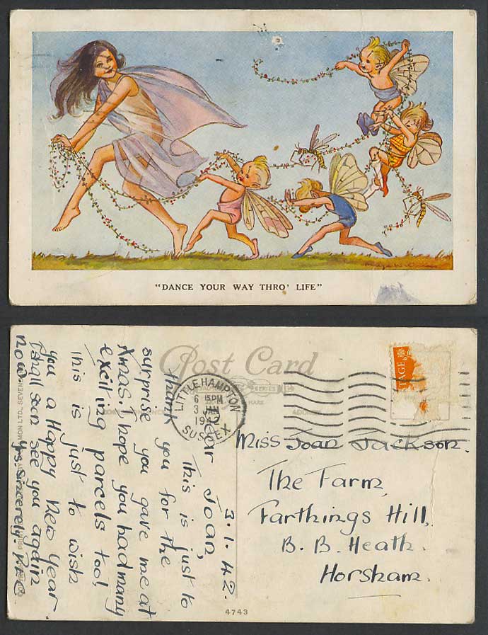 M. Williams Artist Signed 1942 Old Postcard Fairy Fairies Dance Ur Way Thro Life
