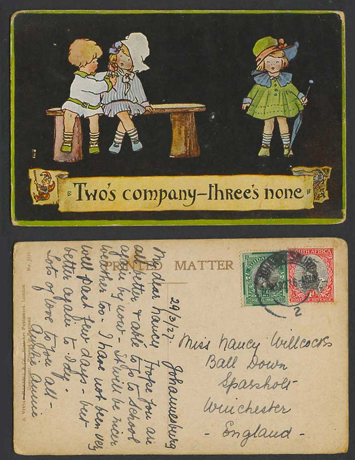 Two's Company Three's None Children Little Girls Boy Clown SA 1927 Old Postcard