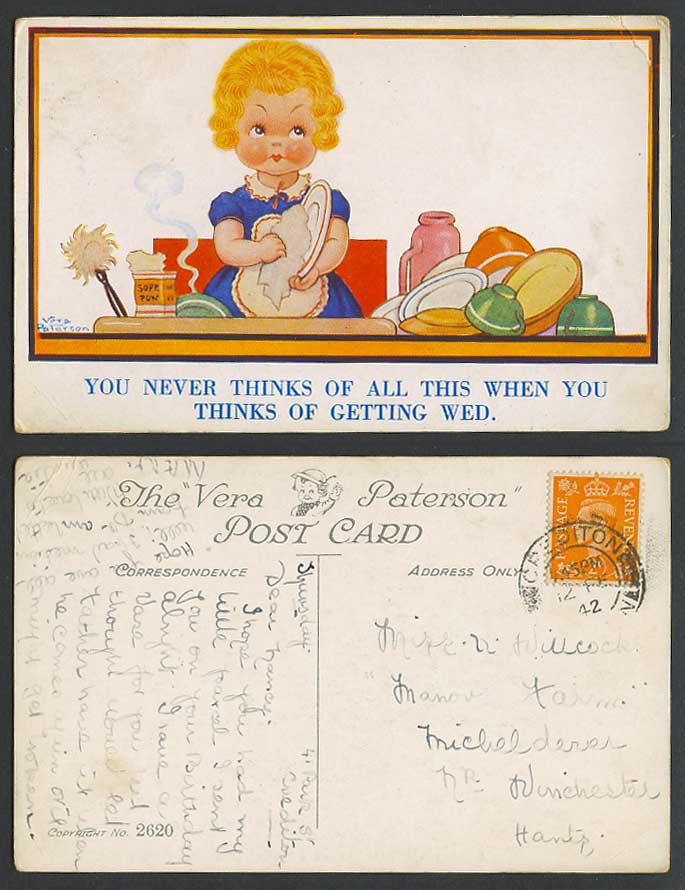 Vera Paterson 1942 Old Postcard Never thinks of this when getting wed. Do Dishes