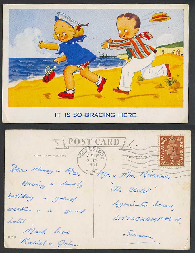 It is so Bracing Here 1951 Old Postcard Beach Seaside Romance, Boy Chasing Girl