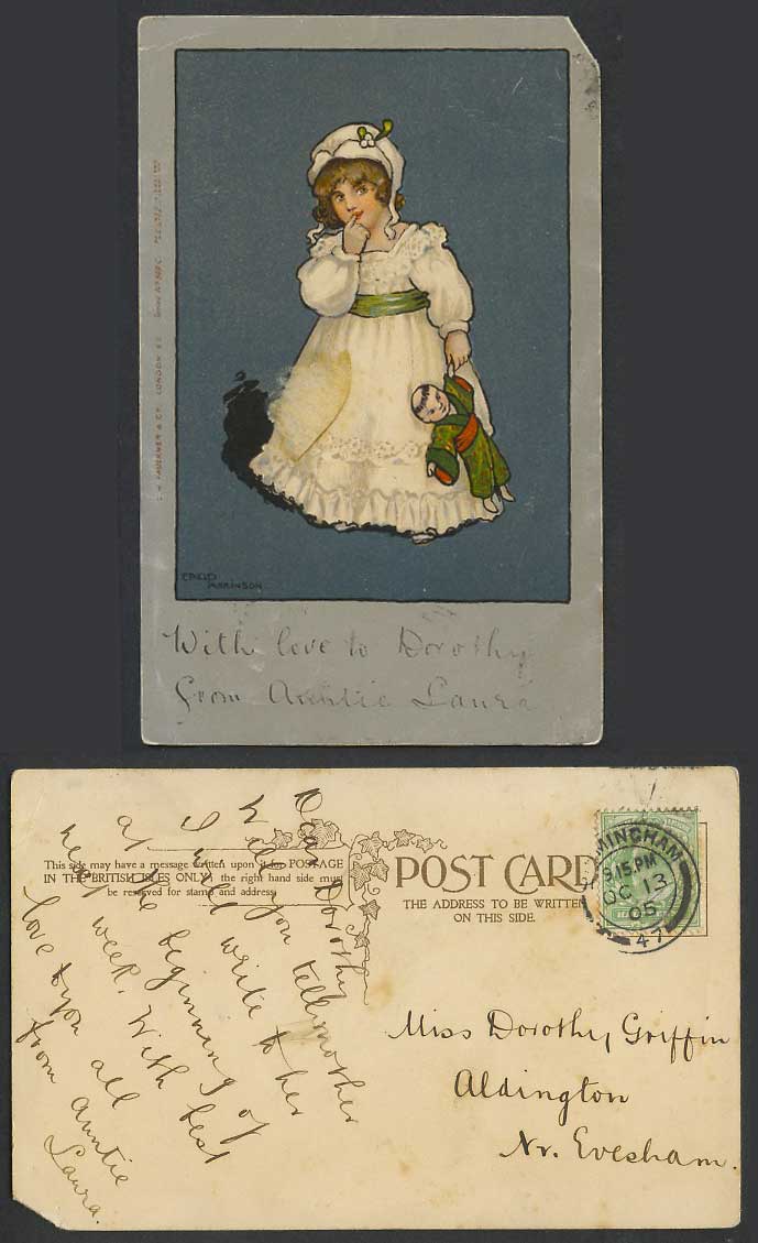 Ethel Parkinson Artist Signed 1905 Old Postcard, Little Girl & Japanese Boy Doll