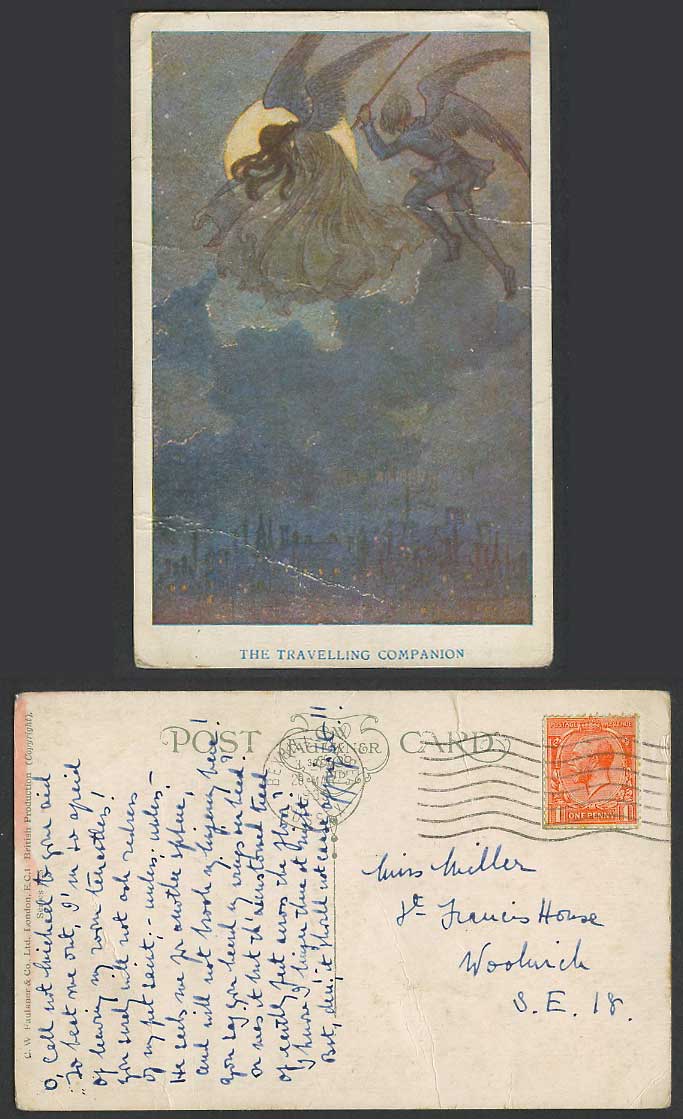 The Travelling Companion, Angels Full Moon Night, Artist Drawn 1935 Old Postcard