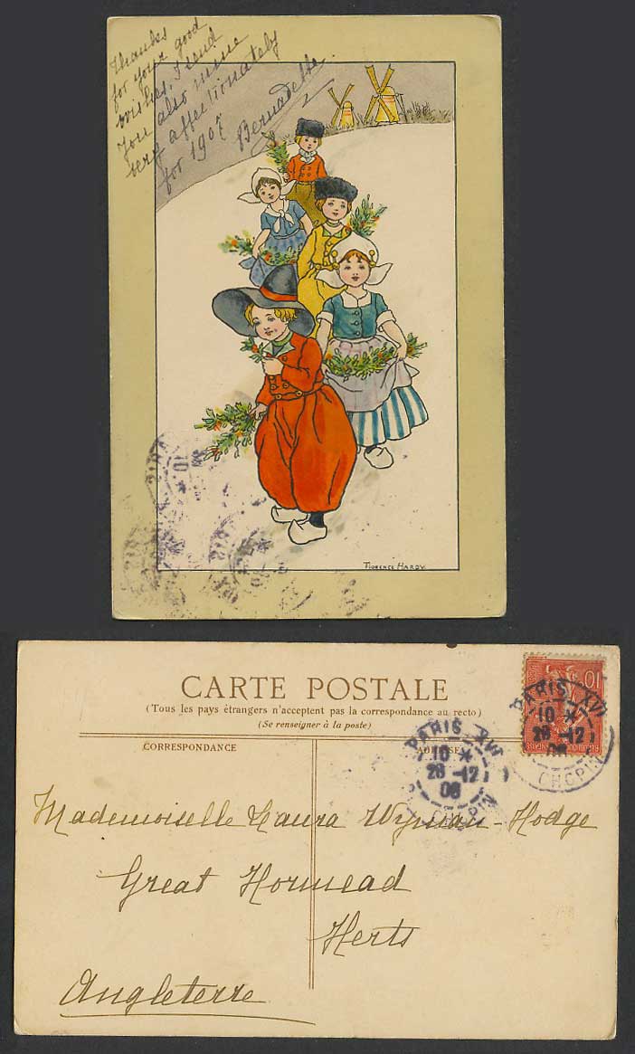 Florence Hardy Artist Signed Dutch Children Boy Girls Windmill 1908 Old Postcard