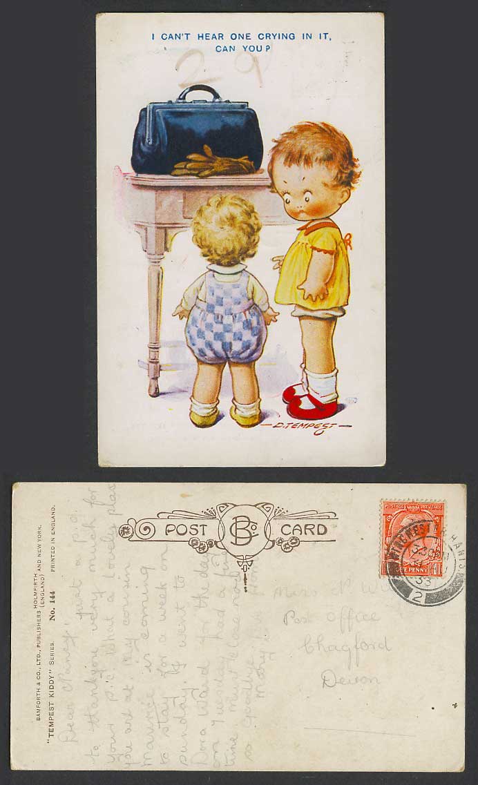 D Tempest 1933 Old Postcard I Can't Hear One Crying in it Can You? Children Girl