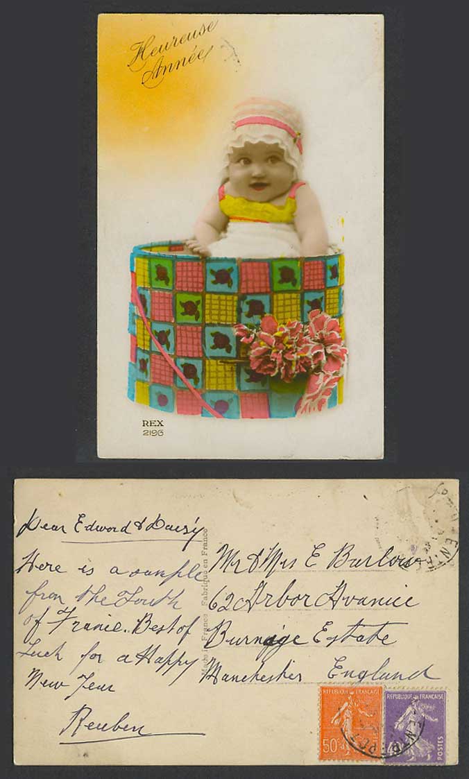 Children Little Baby Girl in Gift Box Heureuse Année Happy New Year Old Postcard
