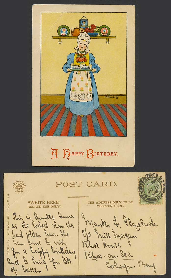 M. Sowerby Artist Signed 1908 Old Postcard Dutch Girl Serving Tea Happy Birthday