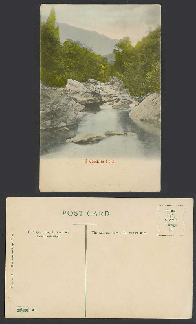 South Africa Old Hand Tinted Postcard A Creek in Natal River Scene, Man on Rocks