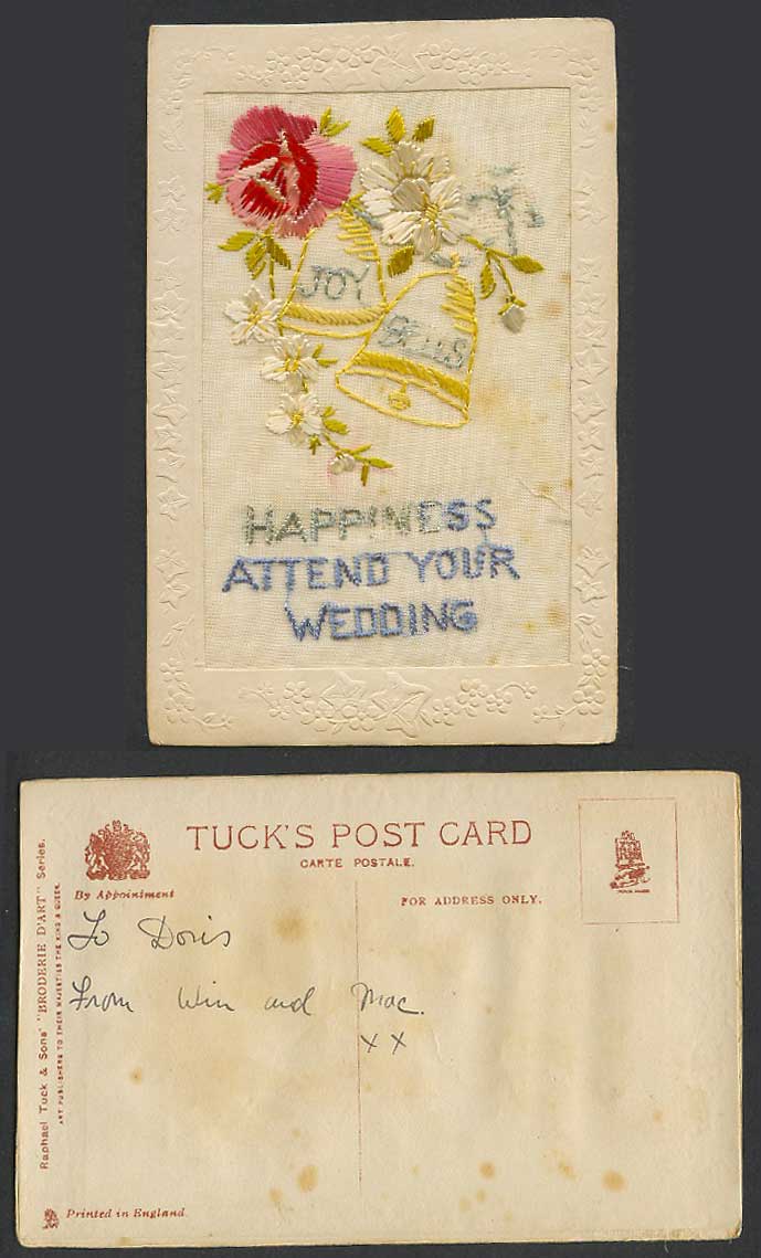 WW1 SILK Embroidered Old Postcard Happiness Attend Your Wedding Joy Bells Flower