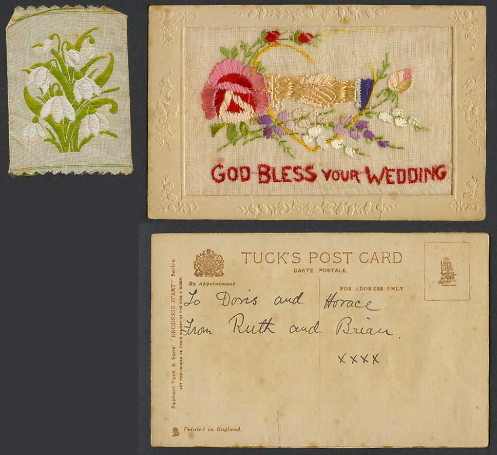 WW1 SILK Embroidered Old Postcard God Bless Your Wedding, Holding Hands, Flowers