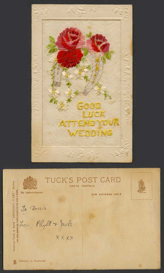 WW1 SILK Embroidered Old Postcard Good Luck Attend Your Wedding Horseshoe Flower