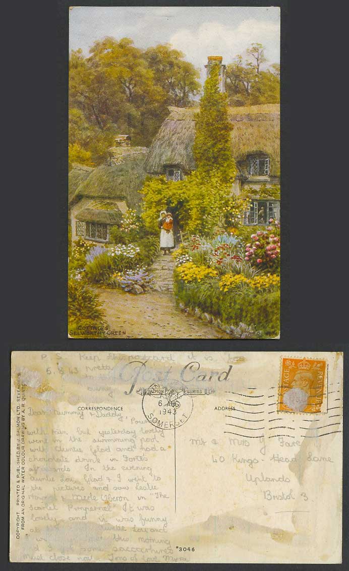 A.R. Quinton 1943 Old Postcard Selworthy Green Thatched Cottages Garden Somerset